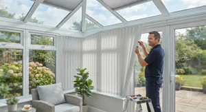 Professional installation of bespoke PVC vertical blinds on angled conservatory windows.