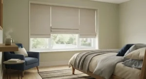 Made to measure thermal roman blinds in a cosy bedroom, offering excellent light control and insulation.