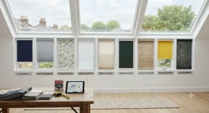 Variety of made-to-measure Velux window blinds showcasing different colours and fabrics