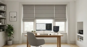 Bright home office setup with minimalist grey best blackout roman blinds reducing glare on computer screens.