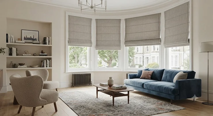 Contemporary British living room featuring bespoke made-to-measure best roman blinds fitted on a large bay window.