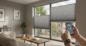 Motorised energy saving cellular blinds being adjusted in a modern smart home setting