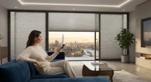 Smart motorised pleated blinds being operated via remote control in a contemporary luxury apartment.
