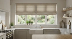 Neutral beige thermal roman blinds hung over a modern kitchen sink window for stylish window dressing.