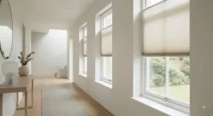 Neutral cream honeycomb blinds offering a sleek and minimalist aesthetic in a brightly lit hallway.