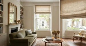 Textured neutral linen best roman blinds neatly installed in a bright London townhouse reception room.