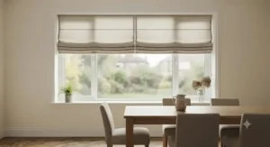 Neutral linen-look easy fit roman blinds filtering natural light in a dining room