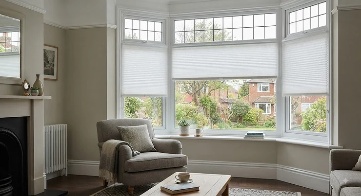White no drill pleated blinds fitted securely on a living room window in a British home