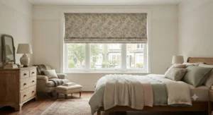 Cosy UK bedroom styled with stylish floral patterned best roman blinds providing complete light control and privacy.