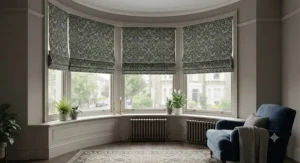 Patterned thermal roman blinds installed on a traditional British bay window, combining style with energy efficiency.
