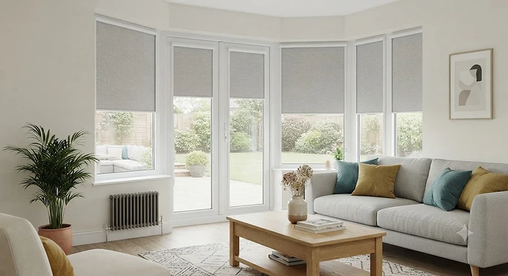 Modern living room featuring stylish perfect fit blinds installed on white uPVC windows