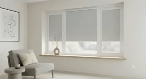 Minimalist interior design featuring roller style perfect fit blinds on uPVC window frames