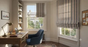 Stylish striped cotton best roman blinds hanging in a sunlit British home study workspace.