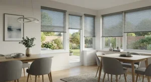 Stylish grey best perfect fit blinds complementing a contemporary dining room interior design