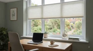 Minimalist no drill pleated blinds installed on a home office window overlooking a British garden