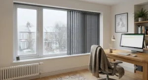 Energy-efficient thermal blackout vertical blinds in a home office setup, helping insulate against British winter drafts.