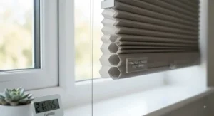 Close-up of thermal energy saving cellular blinds demonstrating insulating honeycomb structure