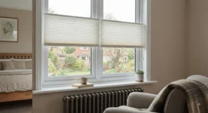 Energy-efficient thermal no drill pleated blinds in a cosy British bedroom window