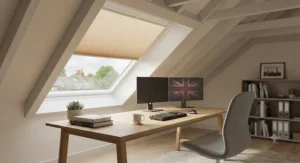 Energy-efficient thermal pleated Velux window blinds in a bright UK home office