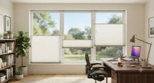Versatile top-down bottom-up pleated blinds in a bright home office, allowing flexible natural light.