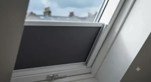Close-up of a genuine Velux roof window blackout blind showing a neat side channel