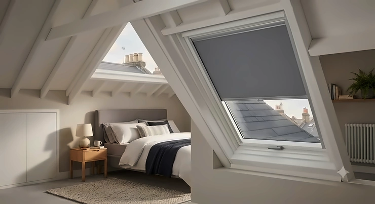 Modern grey blackout blinds fitted to a Velux window in a British loft conversion bedroom