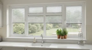 Sleek aluminium venetian perfect fit blinds on a kitchen uPVC window