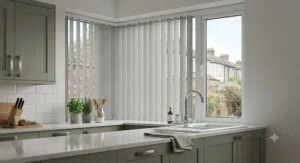 Damp-resistant waterproof blackout vertical blinds installed in a contemporary British kitchen, ideal for privacy and easy cleaning.
