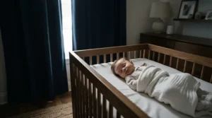 Peaceful baby room blackout curtains creating a dark naptime environment in a modern flat