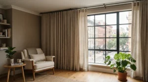 A ceiling-mounted bendable curtain pole for bay window fitted neatly into a compact apartment recess
