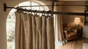 A sturdy bendable curtain pole for bay window supporting heavy velvet drapes without sagging