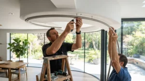 A close-up of a bendable curtain pole for bay window being fitted above a traditional Victorian lounge window in a British home
