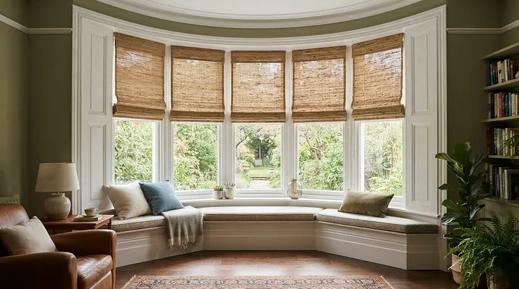 Custom-fitted natural wood slatted window screens in a traditional Victorian bay window, best bamboo blinds