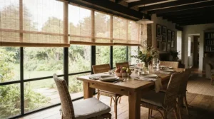 Elegant eco-friendly window dressings adding texture to a British dining space