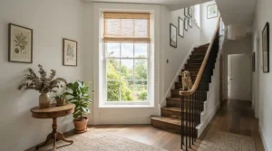 Bright hallway window fitted with natural privacy-enhancing bamboo blinds