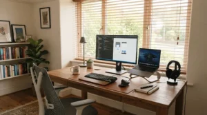 Sustainable woven window blinds diffusing glare in a British study workspace