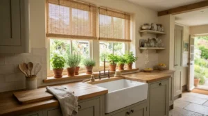 Eco-friendly wooden window shades installed in a modern London townhouse kitchen