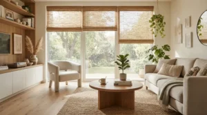 Natural wooden window coverings installed in a bright British living room during daylight