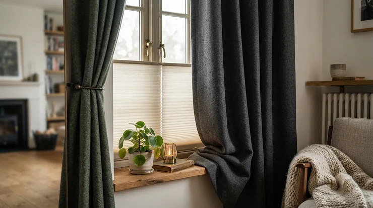 Illustration of the best blackout curtains with insulating thermal backing against winter drafts