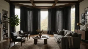 Illustration showing the best blackout curtains fitted over a large traditional British bay window