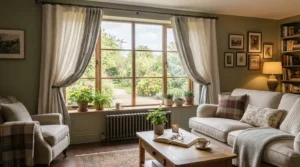 Illustration of the best blackout curtains with eyelet heading installed in a cosy British living room