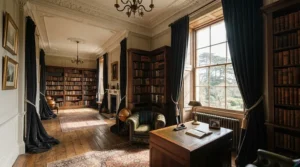 Illustration of the best blackout curtains styled inside a Victorian terraced house bedroom
