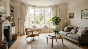 A stylish living room showcasing the best curtain poles fitted securely in a large bay window.