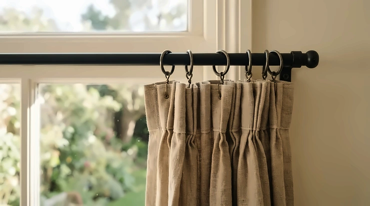 Pencil pleat curtains neatly hung from rings on the best curtain poles in a study.