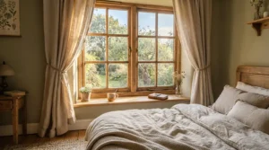 Natural wooden best curtain poles mounted above a cosy bedroom window with heavy drapes.