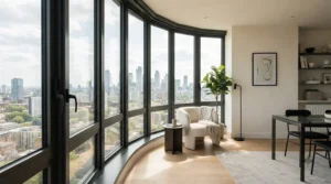 Matte black curtain poles for bay windows styling a contemporary apartment lounge
