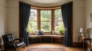 Tailored blackout curtains for nursery fitted neatly into a traditional bay window frame
