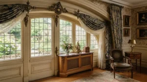 Antique brass curtain poles for bay windows complementing traditional townhouse interiors