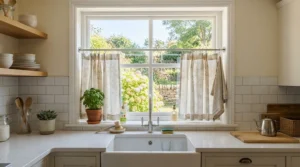A polished chrome curtain pole for small windows positioned above a Belfast sink