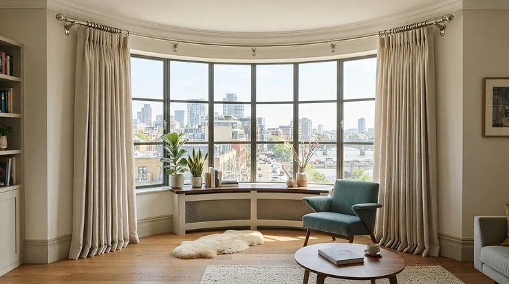 Shiny chrome curtain poles for bay windows reflecting light in a stylish urban townhouse